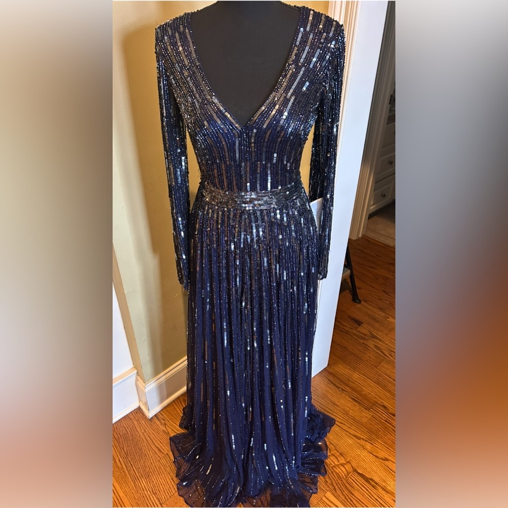 Mac Duggal Blue Sequin Long Sleeve V-Neck Gown